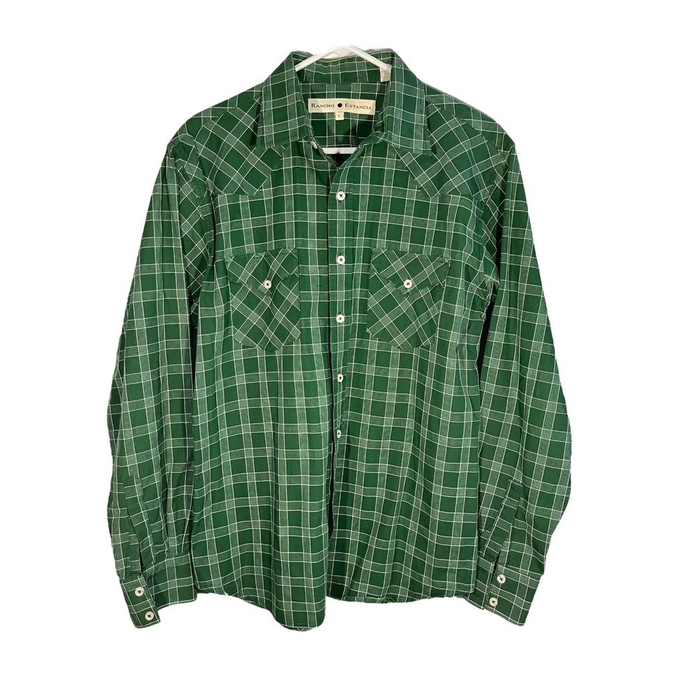 Rancho Estancia Men's‎ Long Sleeve Plaid Green Button Up Western Cowboy Shirt L